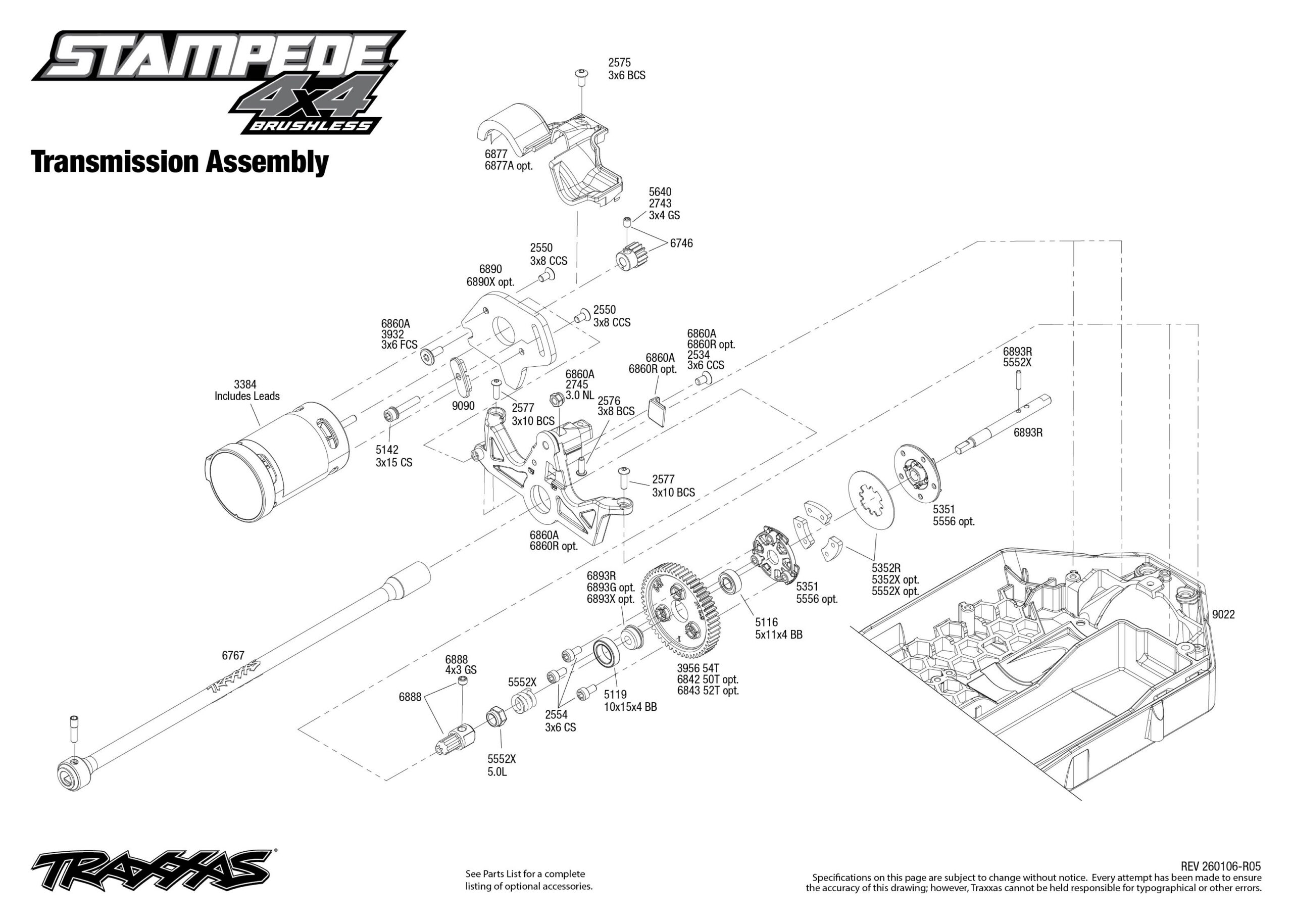Stampede 4X4 Brushless (67154-4) Transmission Assembly Exploded View