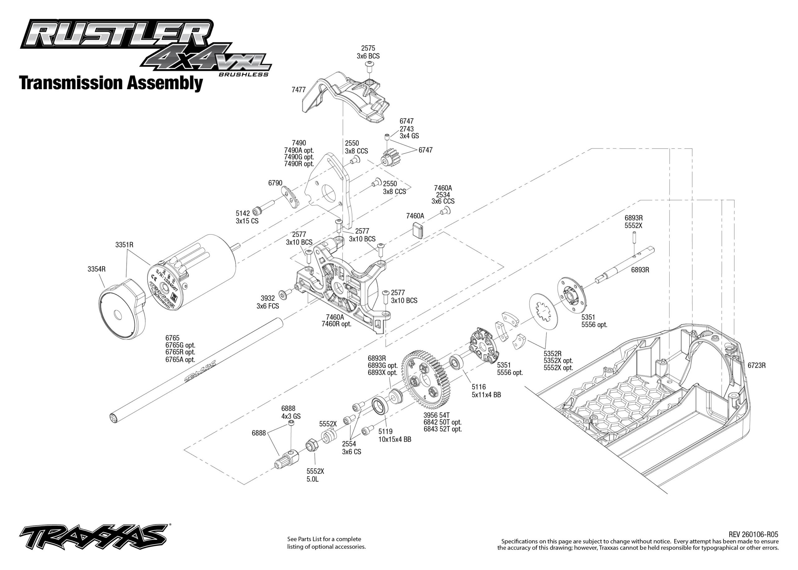 Rustler 4X4 VXL (67376-4) Transmission Assembly Exploded View