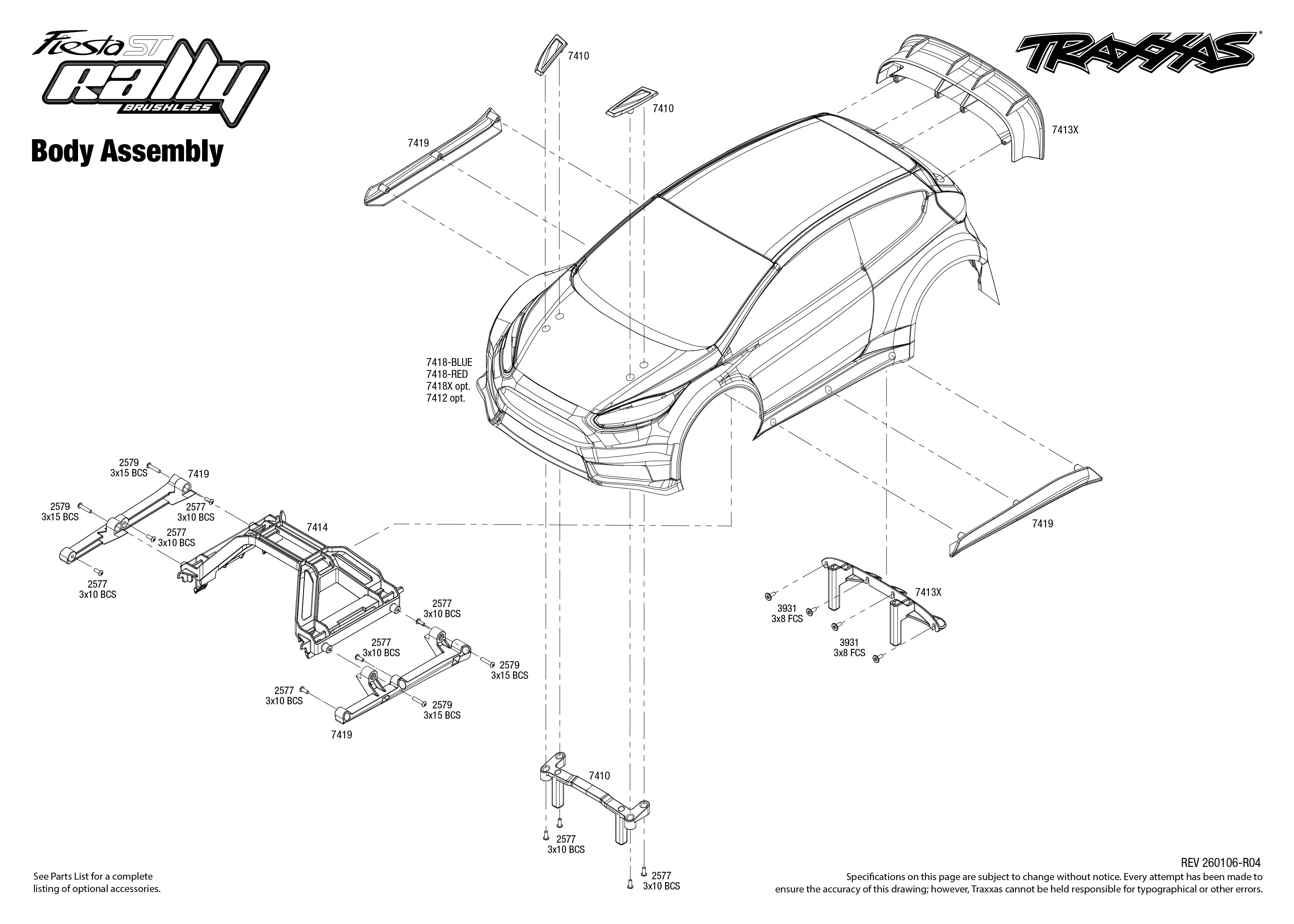 Ford Fiesta ST Rally Brushless (74154-4) Body Assembly Exploded View