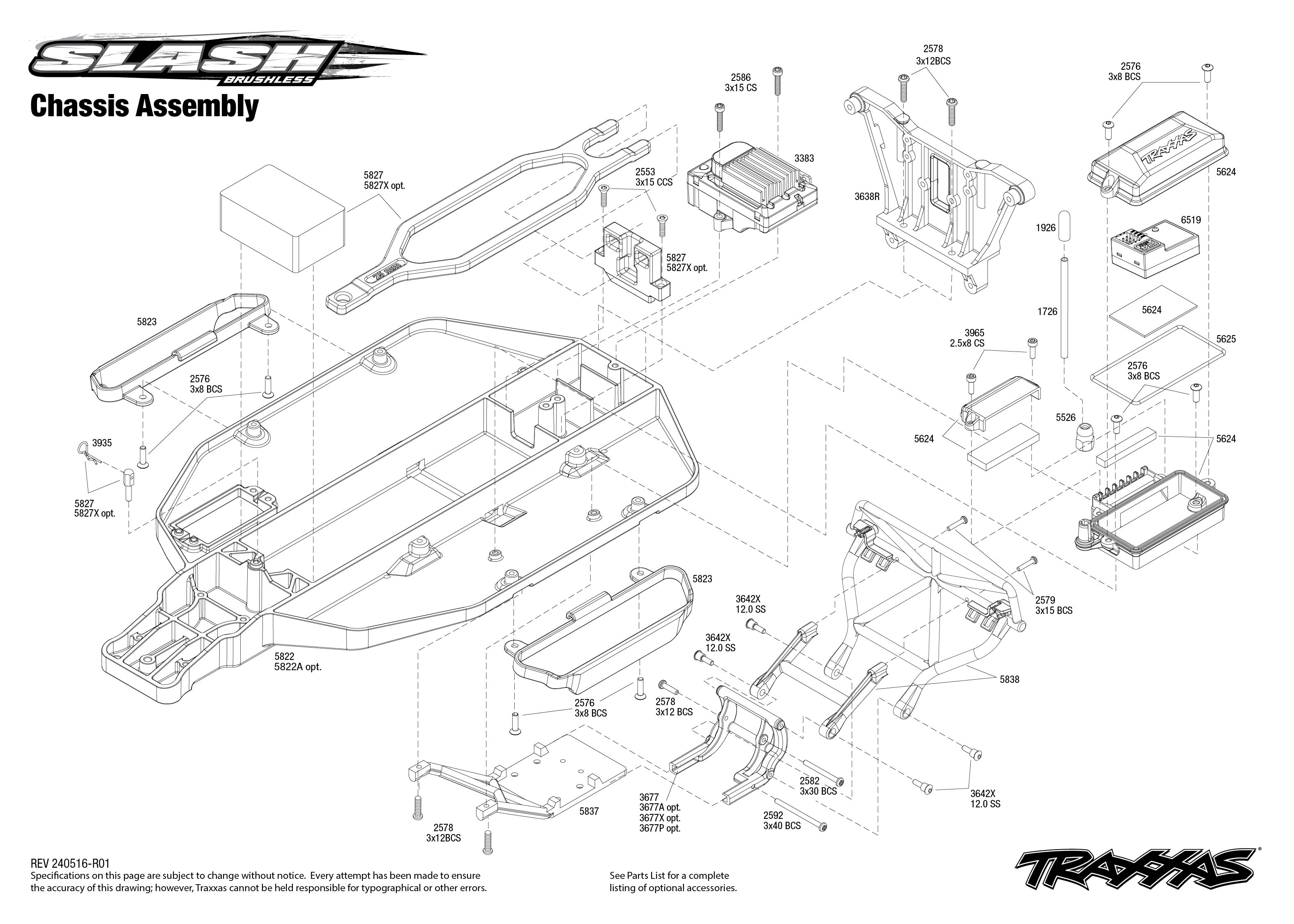 Slash Brushless EHD (58334-4) Chassis Assembly Exploded View