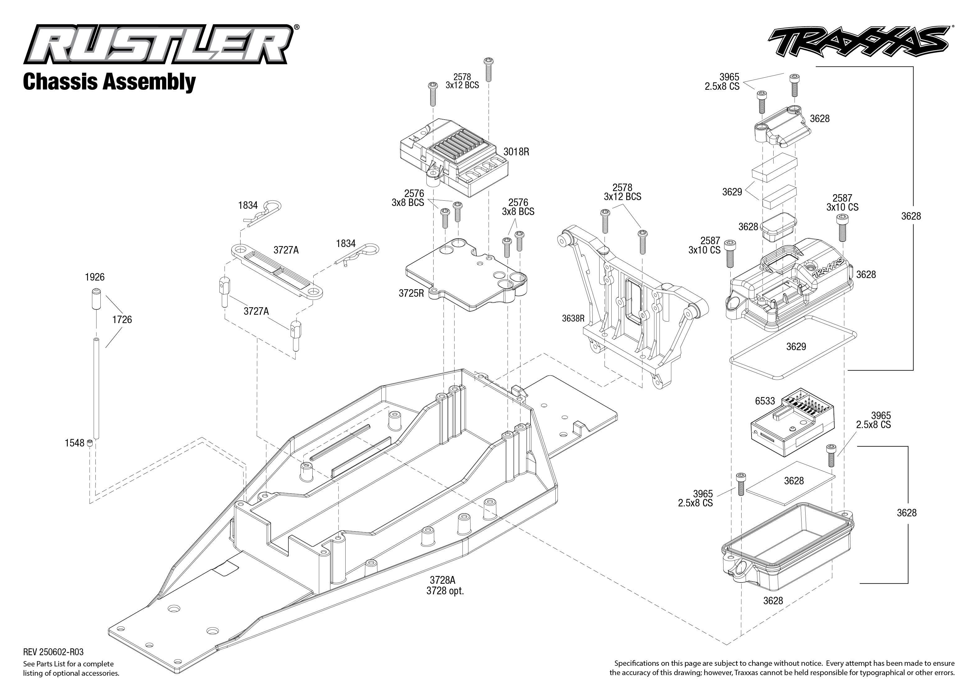 Rustler (37254-8) Chassis Assembly Exploded View