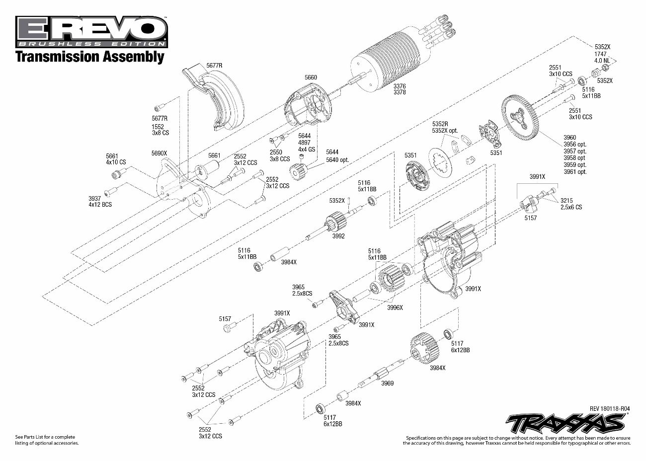 E-Revo Brushless (56086-4) Transmission Assembly Exploded View