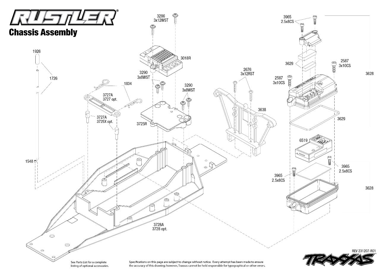 Rustler (37054-8) Chassis Assembly Exploded View