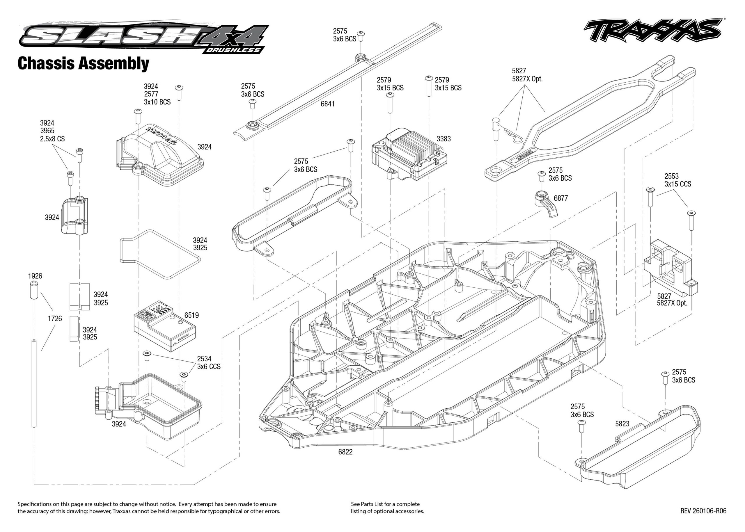 Slash 4X4 Brushless (68154-4) Chassis Assembly Exploded View