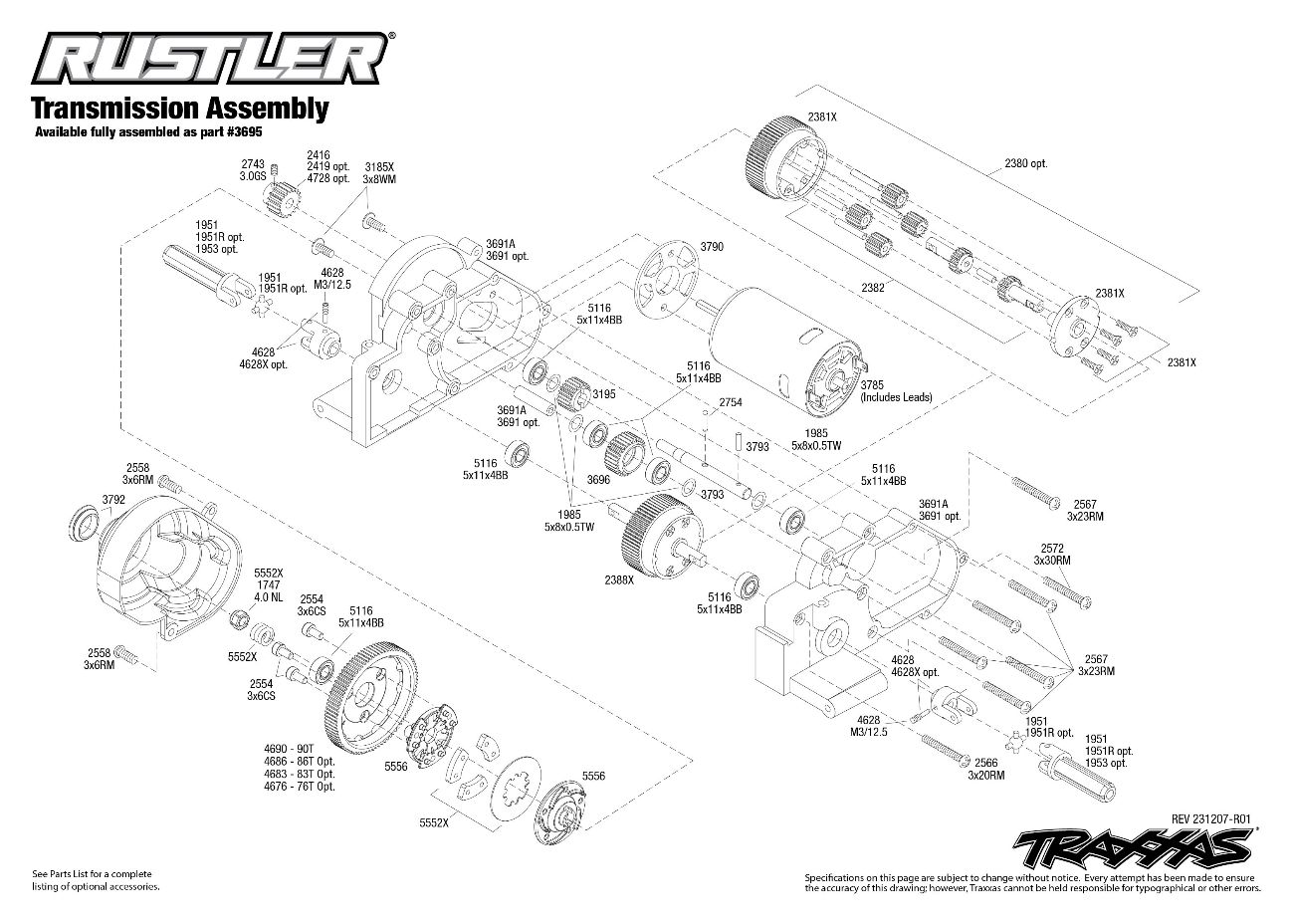 Rustler (37054-8) Transmission Assembly Exploded View