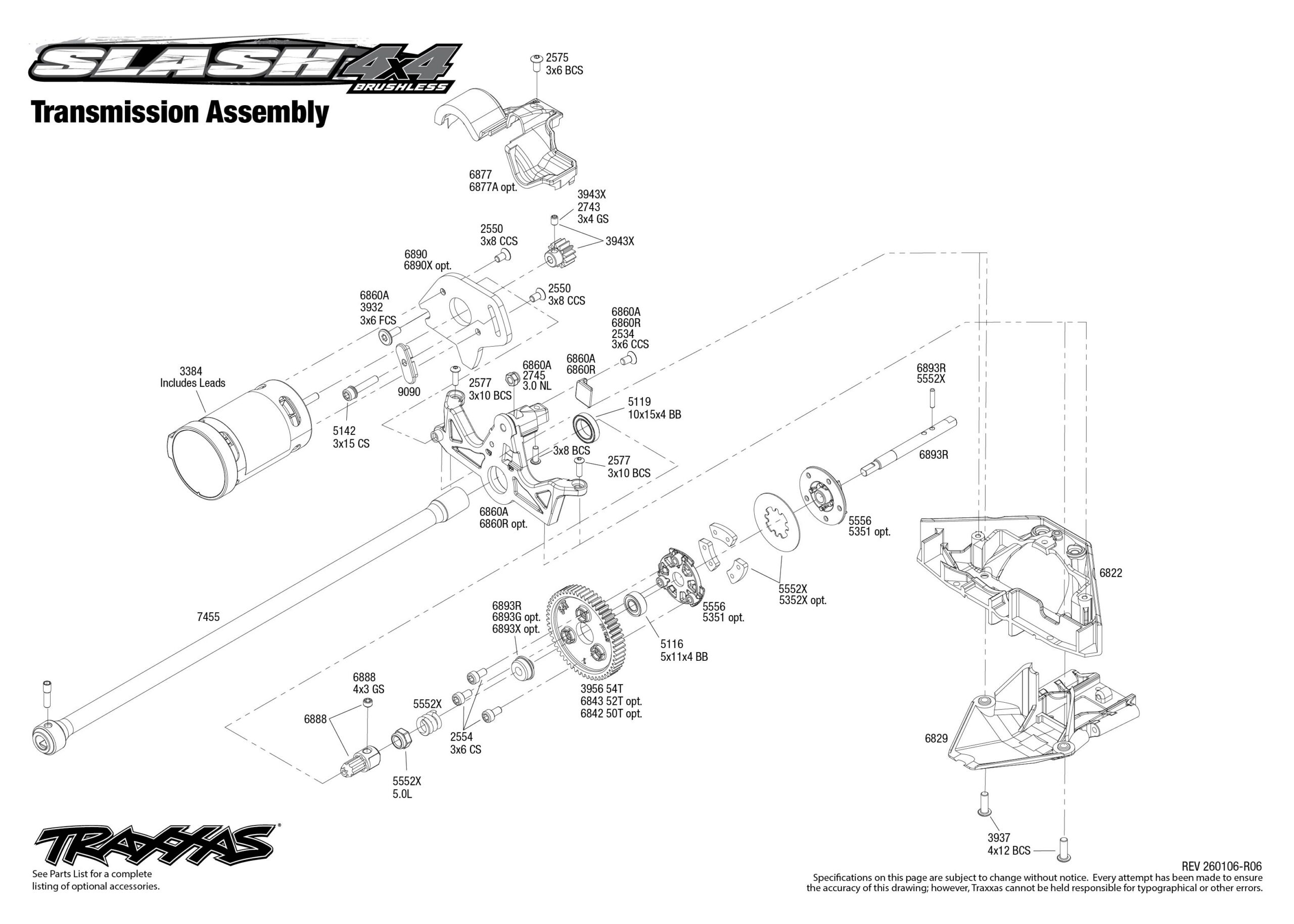 Slash 4X4 Brushless (68154-4) Transmission Assembly Exploded View