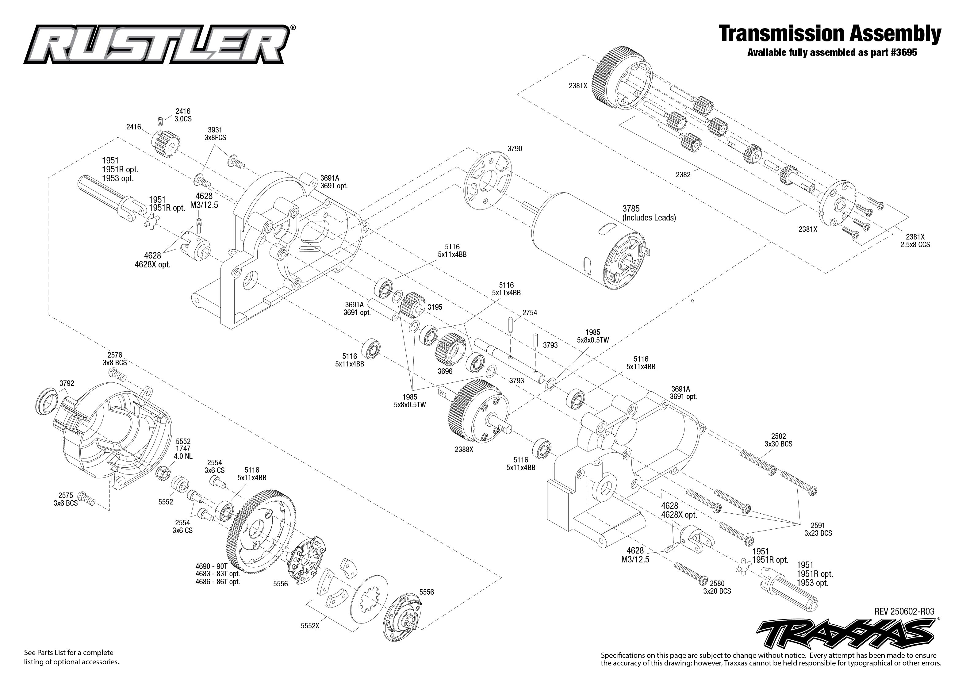 Rustler (37254-8) Transmission Assembly Exploded View
