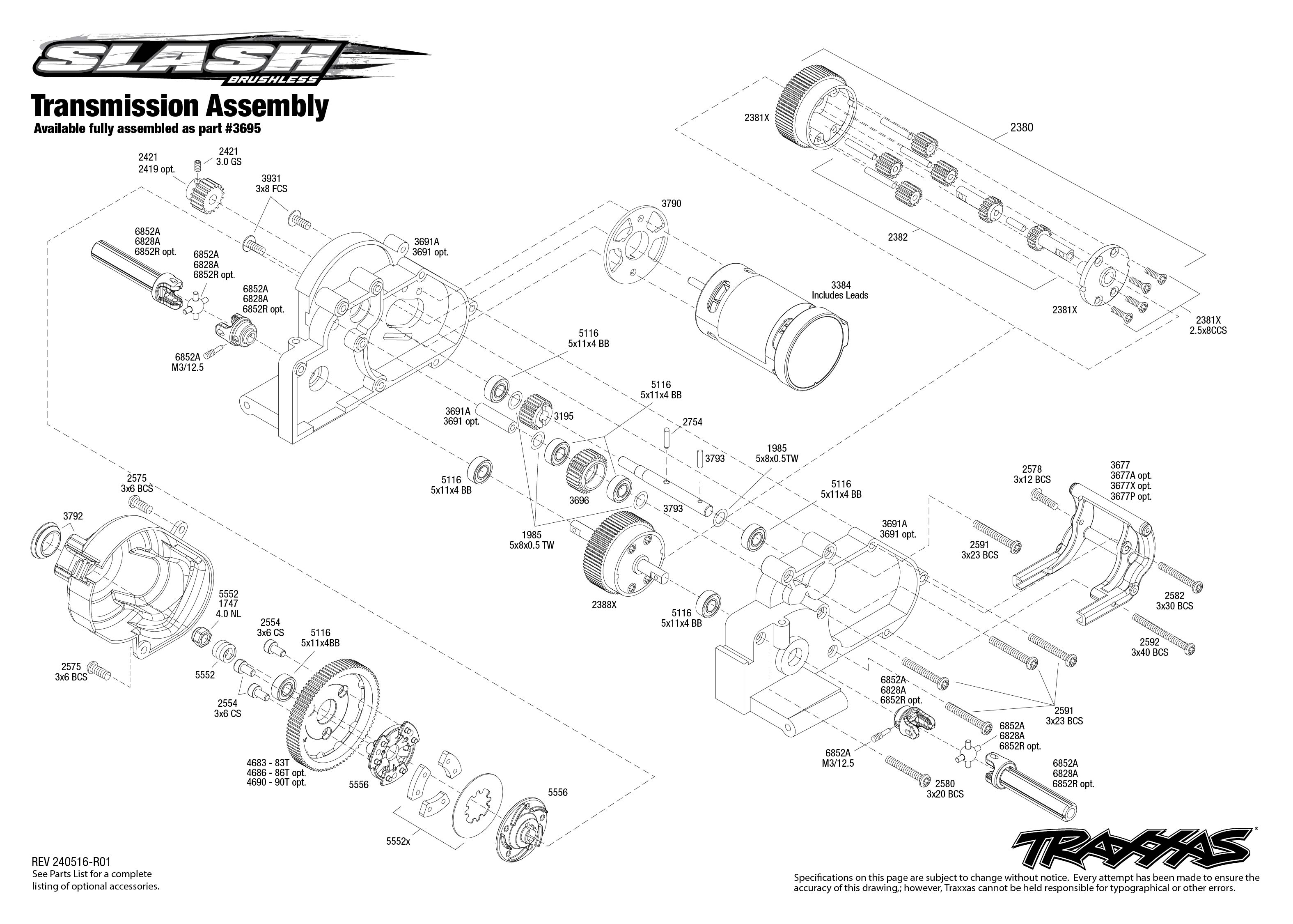 Slash Brushless EHD (58334-4) Transmission Assembly Exploded View