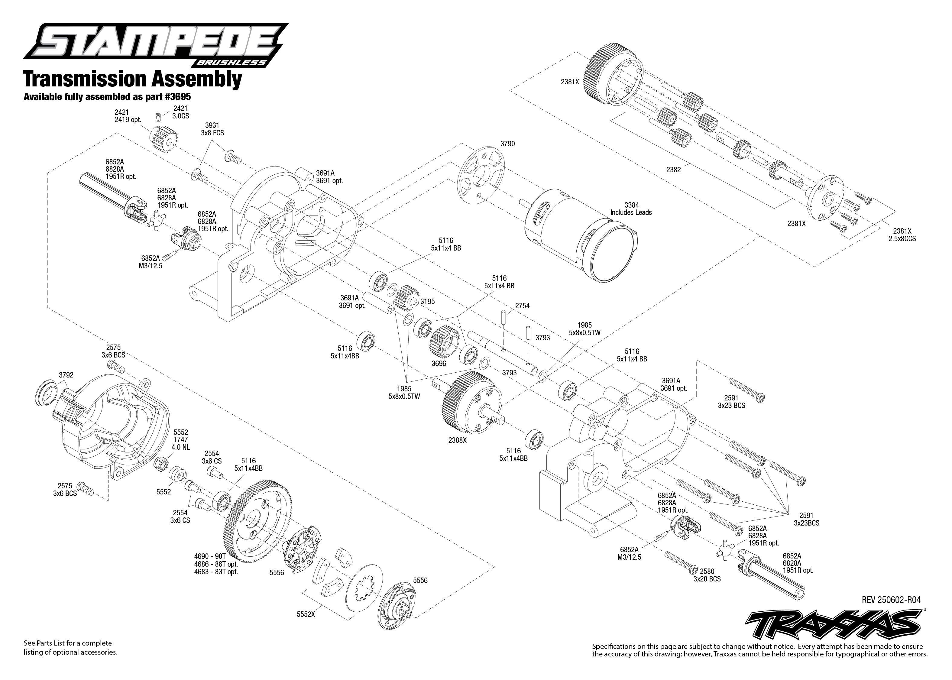 Stampede Brushless (36354-4) Transmission Assembly Exploded View