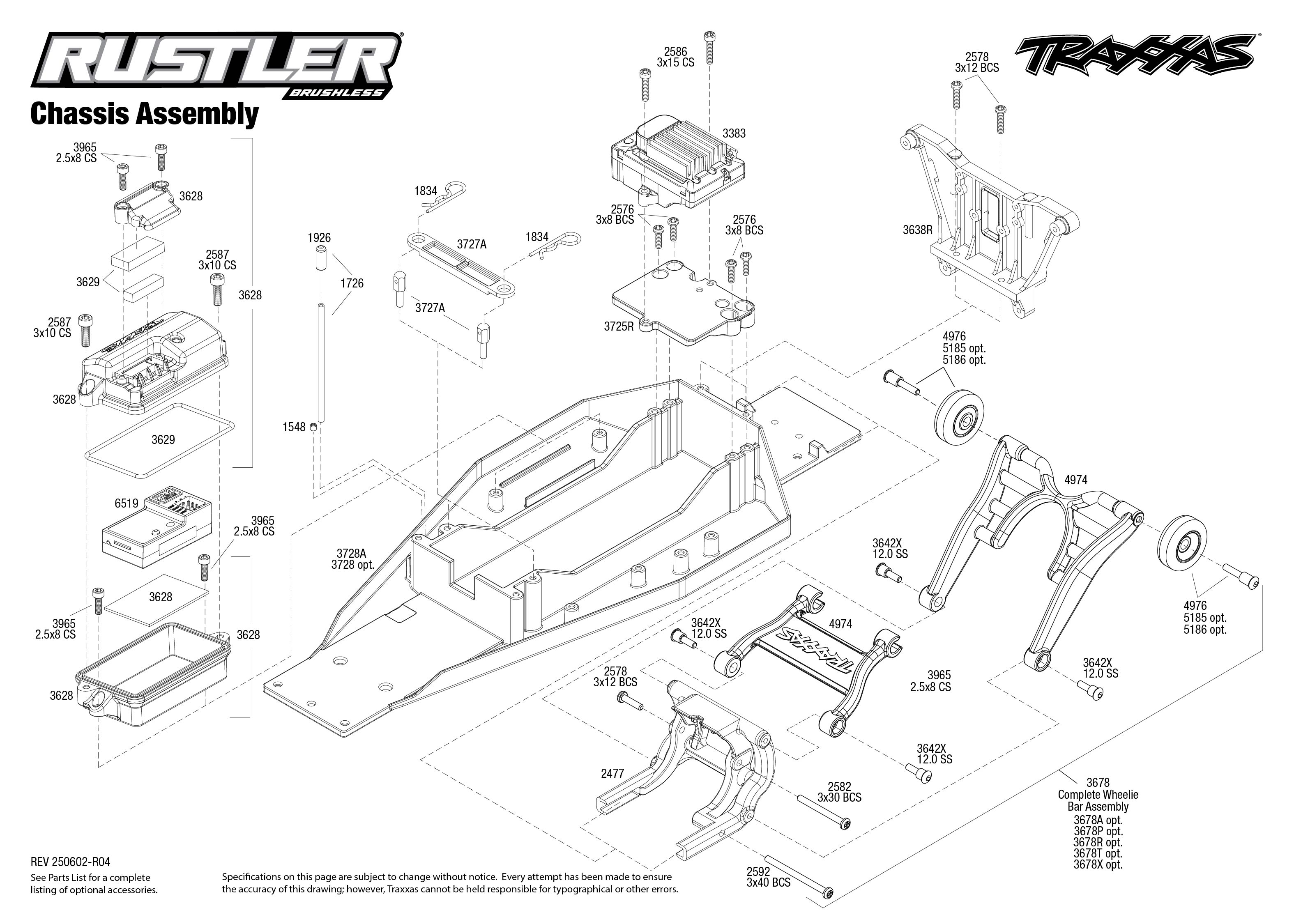 Rustler Brushless (37354-4) Chassis Assembly Exploded View