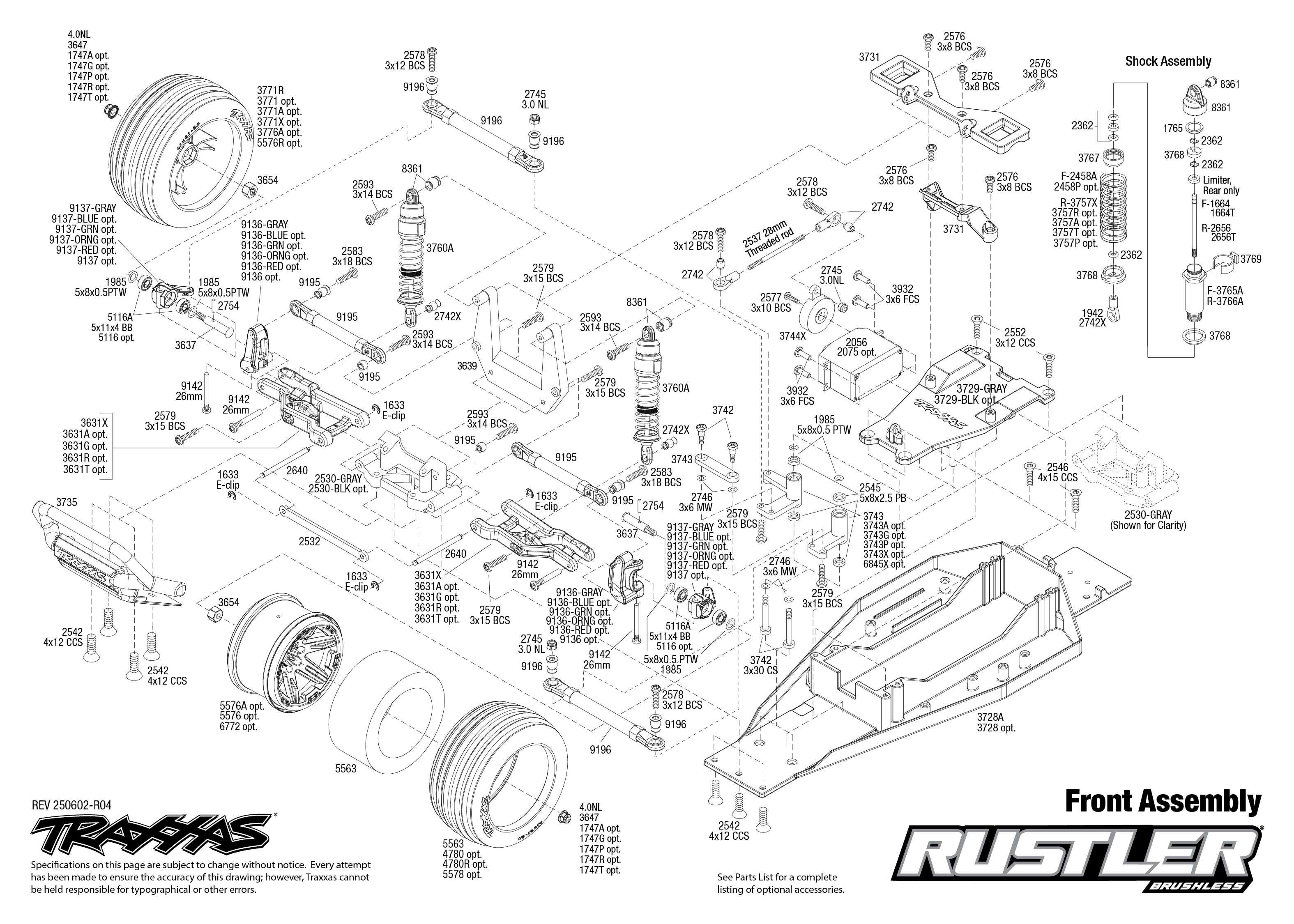 Rustler Brushless (37354-4) Front Assembly Exploded View