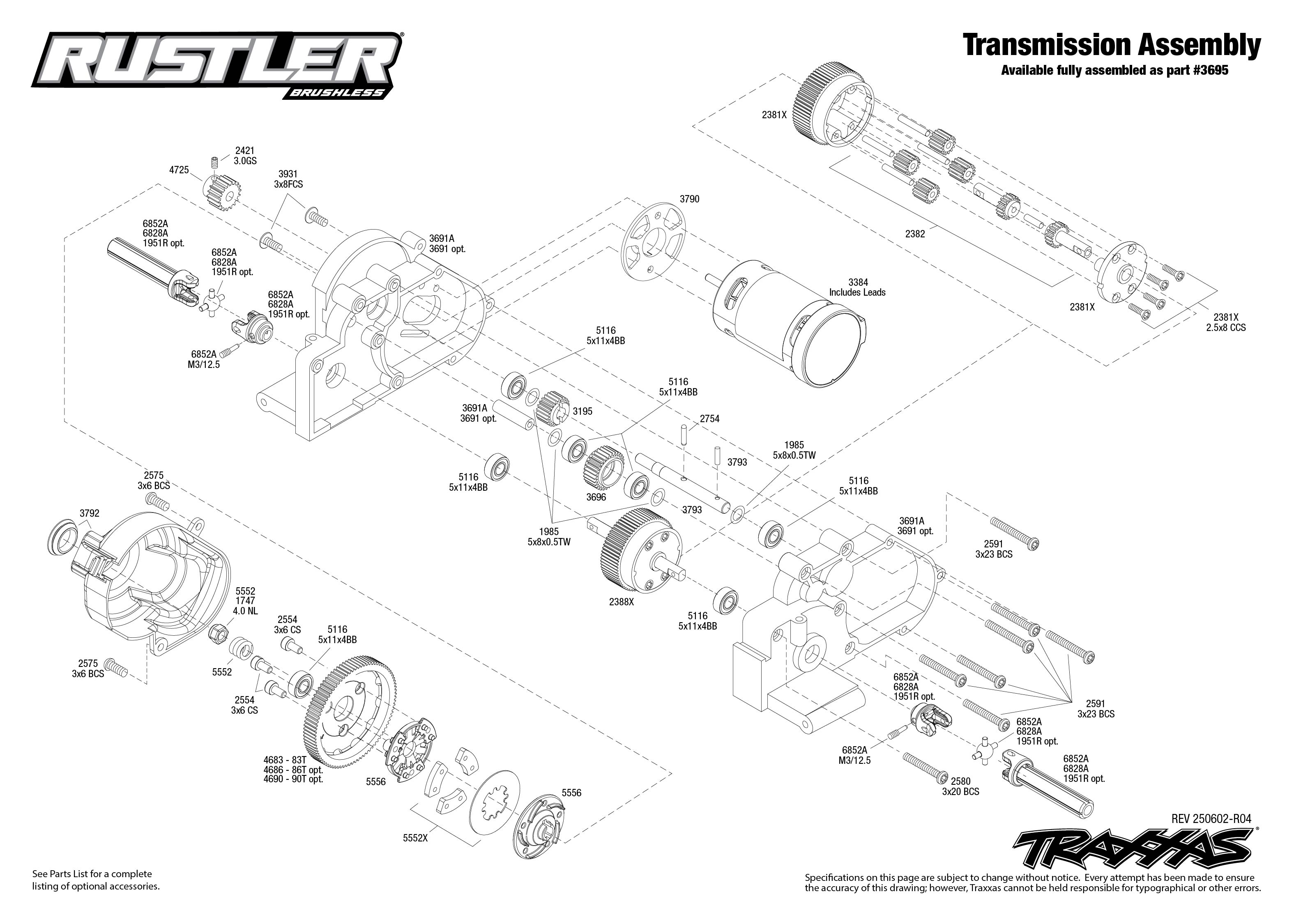 Rustler Brushless (37354-4) Transmission Assembly Exploded View